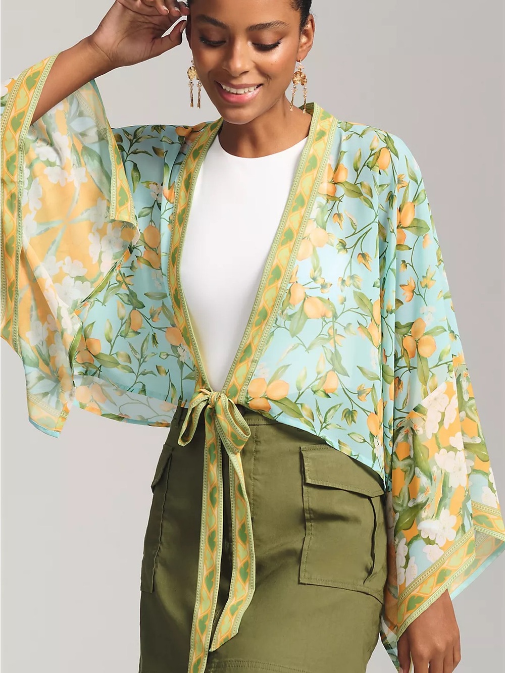 Anthropologie Pilcro Kimono lemon print aqua blue lightweight tie-front one size